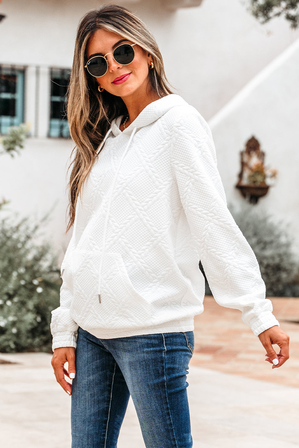 Cable Lattice Texture Kangaroo Pocket Hoodie