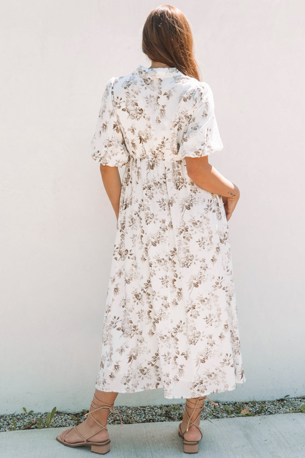 Floral V-Neck Maxi Dress with Puff Sleeves & Button Front