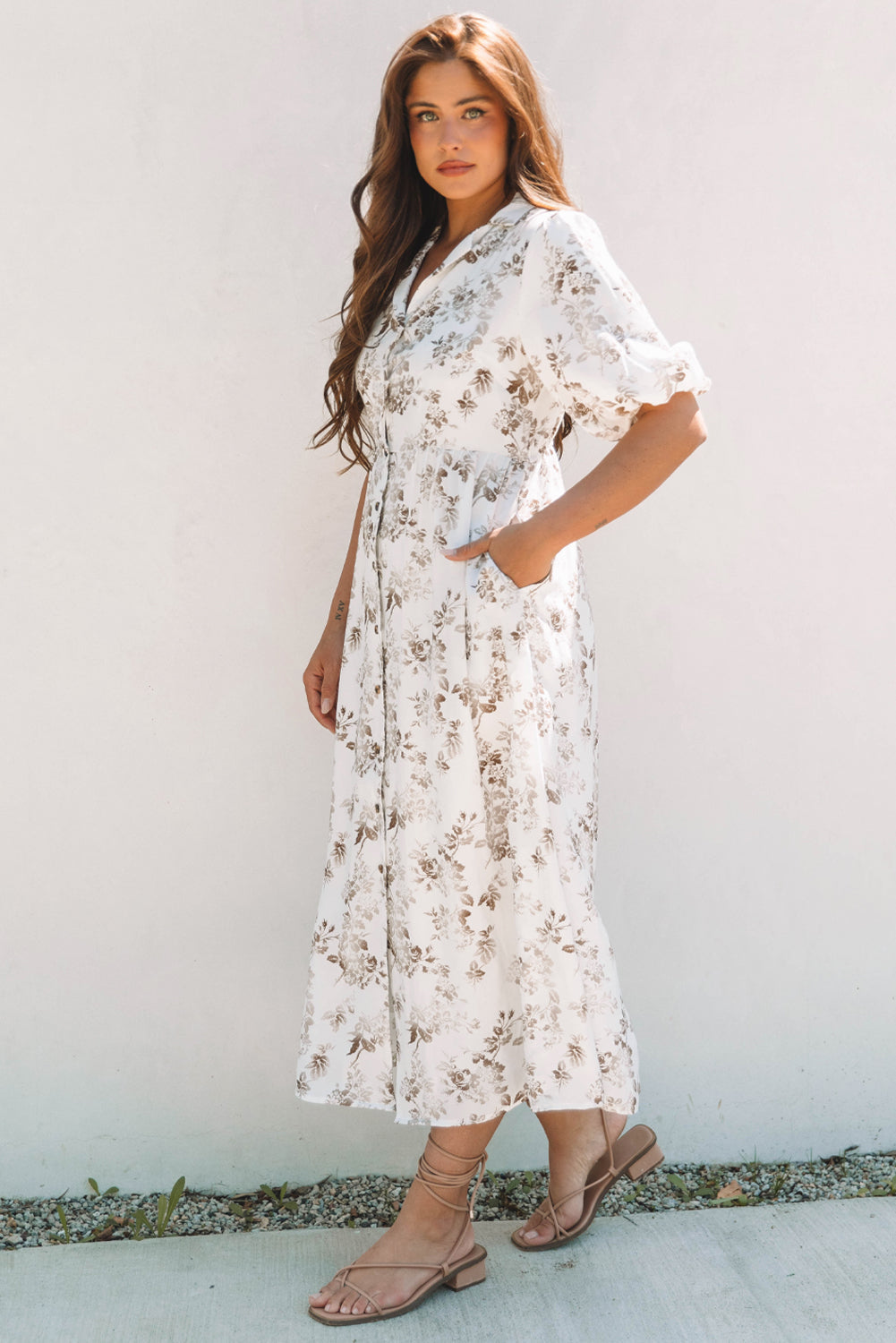 Floral V-Neck Maxi Dress with Puff Sleeves & Button Front