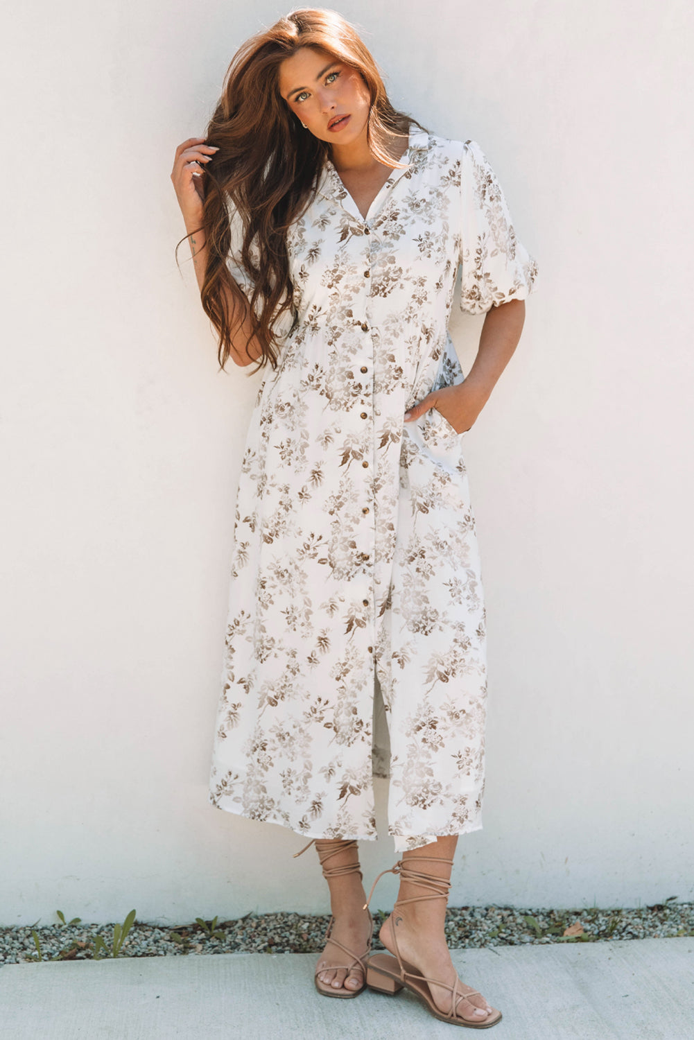 Floral V-Neck Maxi Dress with Puff Sleeves & Button Front