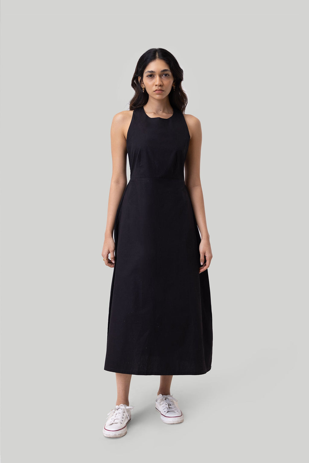 Black cross-back Organic Cotton Midi Dress- ( eco-friendly )
